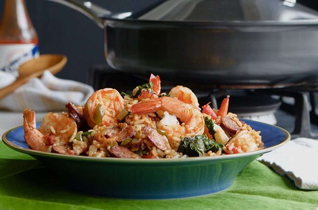 Featured image for “Spicy Mustard Greens, Shrimp and Andouille Jambalaya”