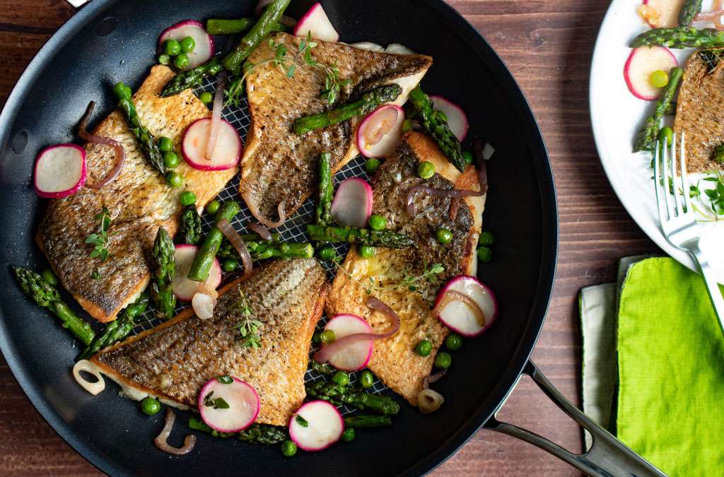 Featured image for “Striped Bass with Asparagus Tips, Peas, Radishes and Meyer Lemon Vinaigrette”